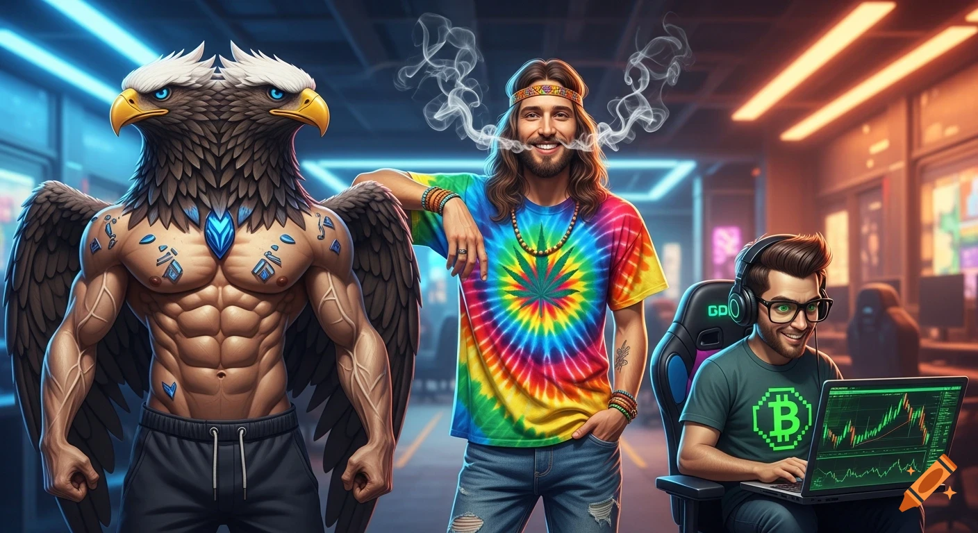 A muscular double-headed eagle bodybuilder stands next to a smiling man in a tie-dye shirt exhaling smoke, and a geeky programmer in glasses and headphones working on a laptop with a Bitcoin logo on his shirt. Photorealistic style.