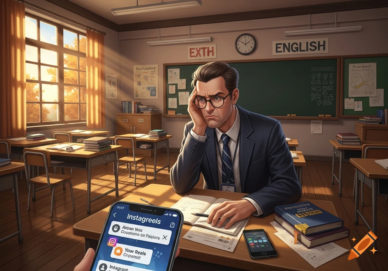 A stressed English teacher in a classroom looking at a phone displaying "Instagreels" content, with sunlight streaming through a window.
