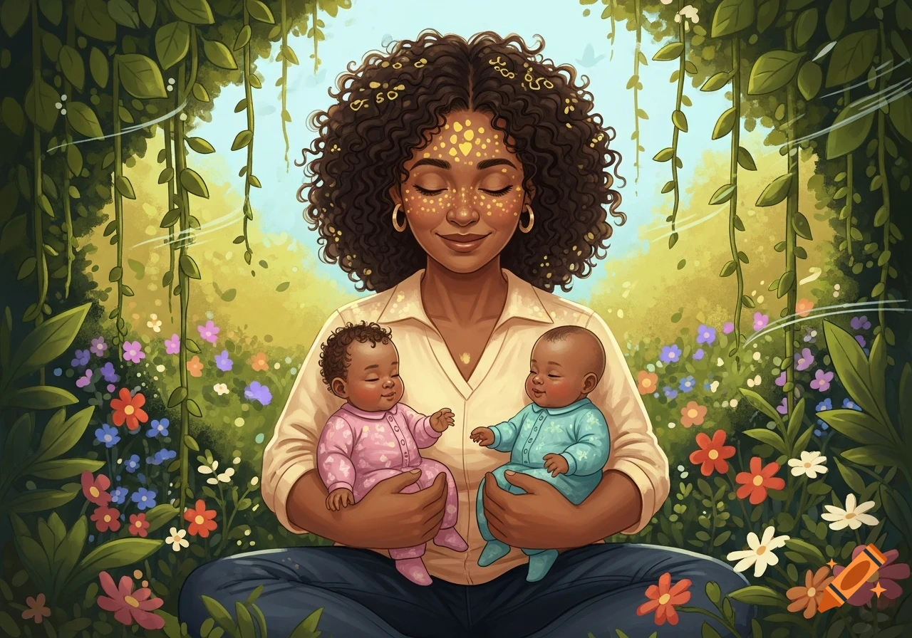 An illustration of a mother holding two babies in a lush garden with flowers and green vines.