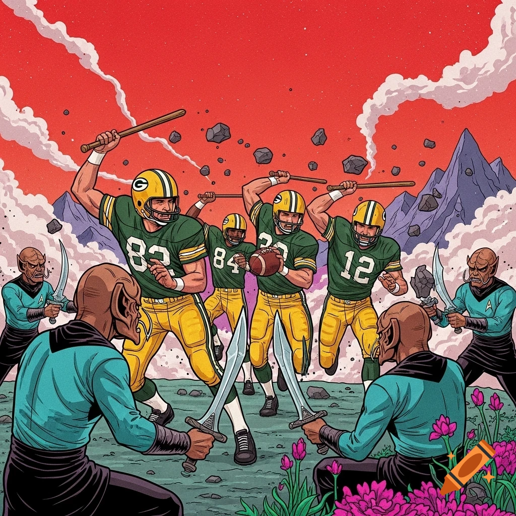 1960s sci-fi comic art of Green Bay Packers players fighting Klingons with sticks and rocks under a red sky.