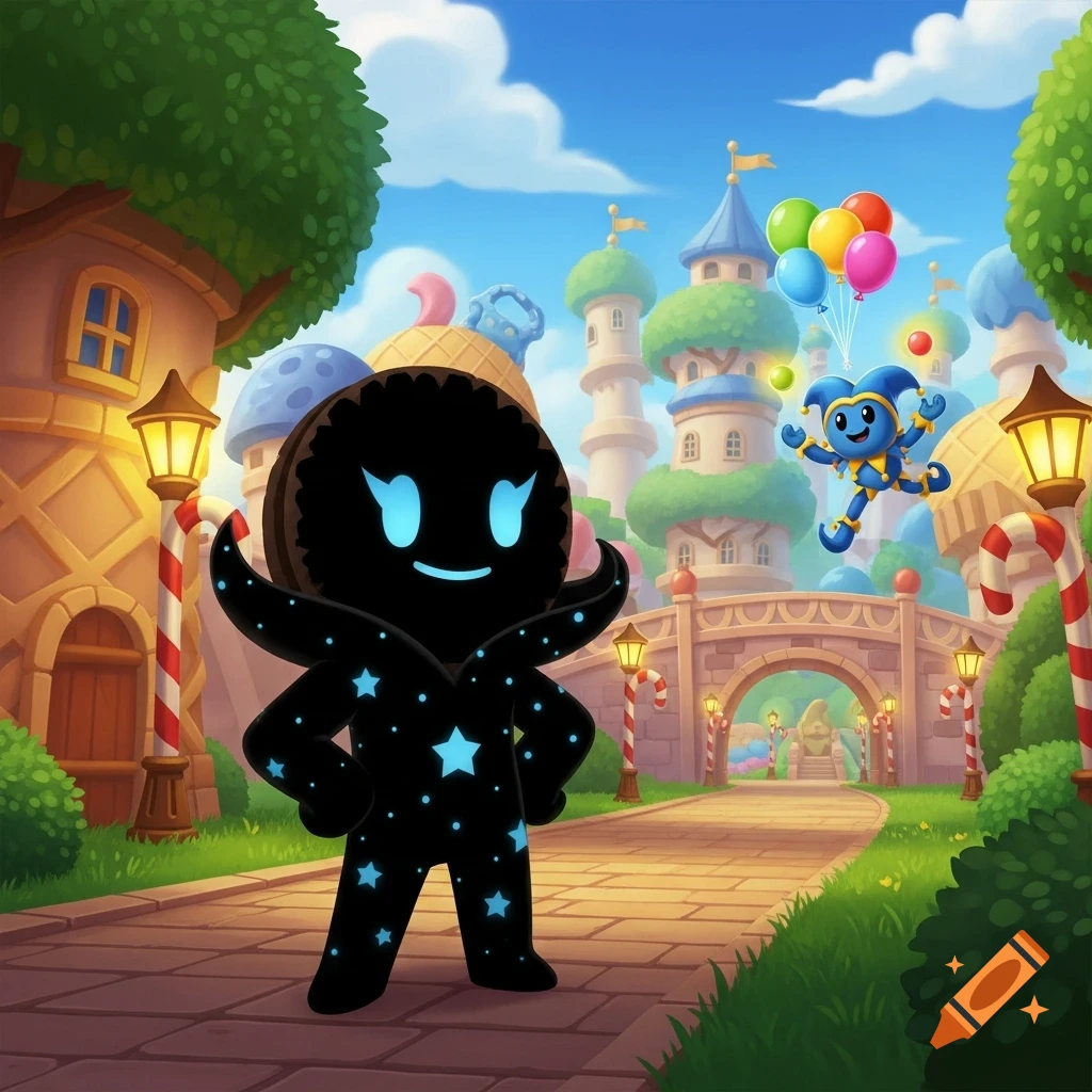 A cartoony black cookie character with glowing blue stars and eyes in a candy land. A blue jester with balloons flies in the background.