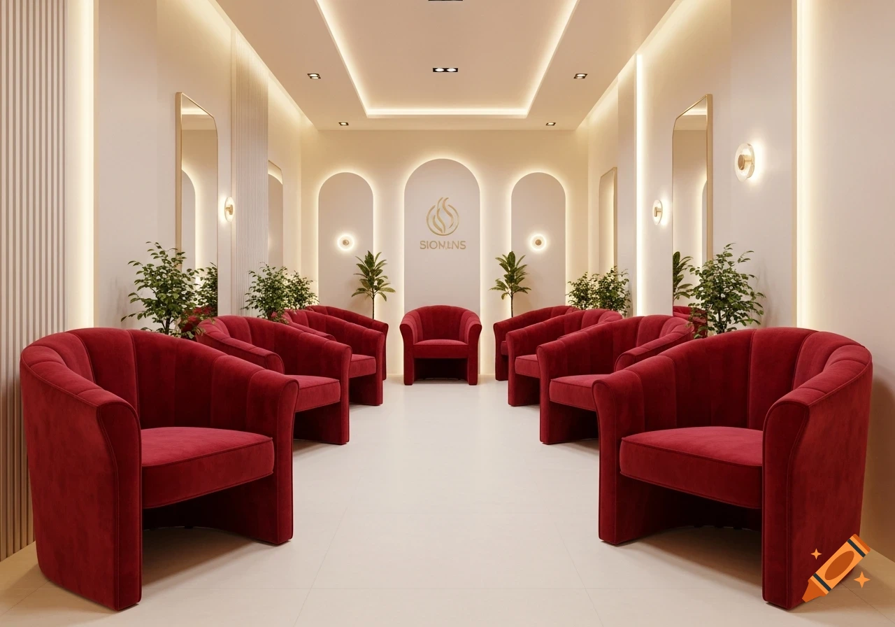 A modern lounge interior with multiple red velvet armchairs arranged around a central chair, featuring warm lighting, minimalist decor, and potted plants.
