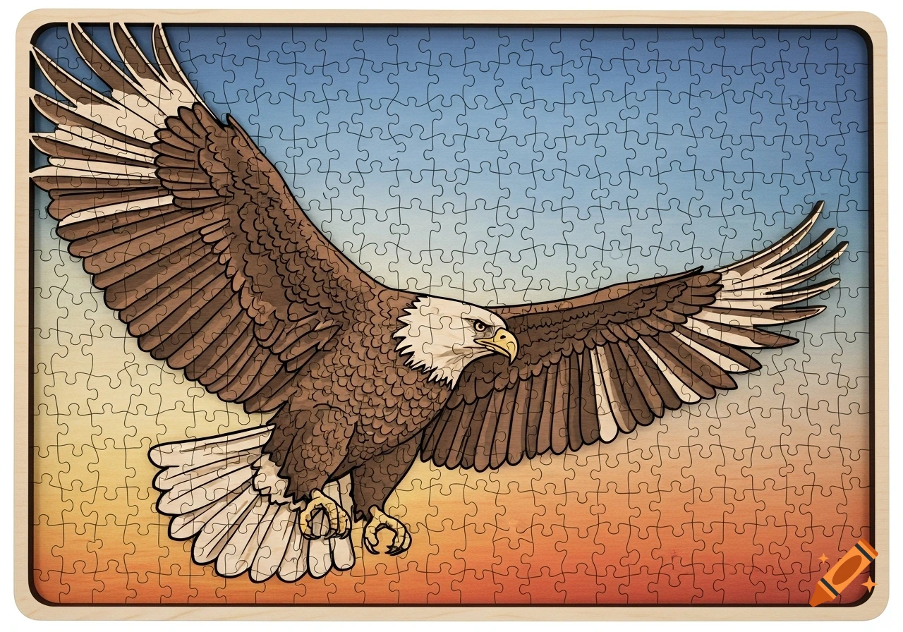 Illustrated bald eagle with outstretched wings on a wooden jigsaw puzzle, against a blue and orange gradient sky.