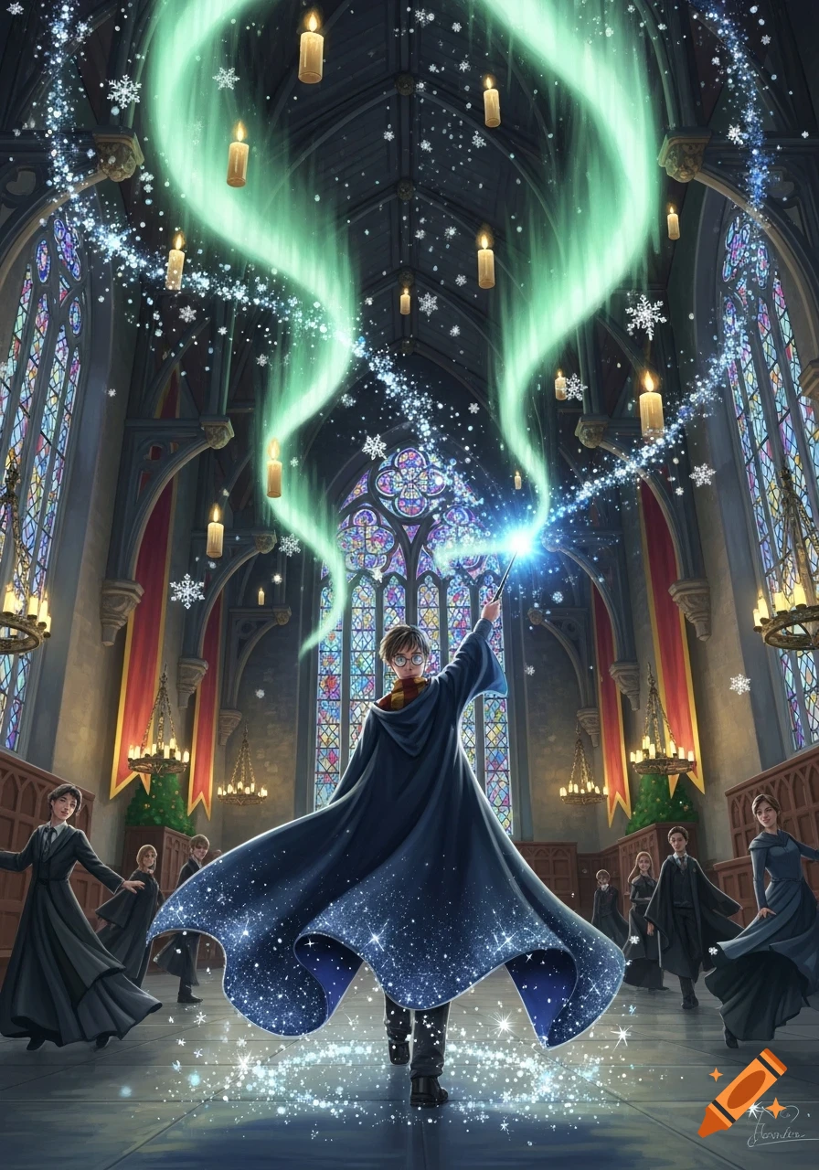 Harry Potter casts a glowing green spell in a grand, candle-lit hall with stained glass windows, surrounded by other students.