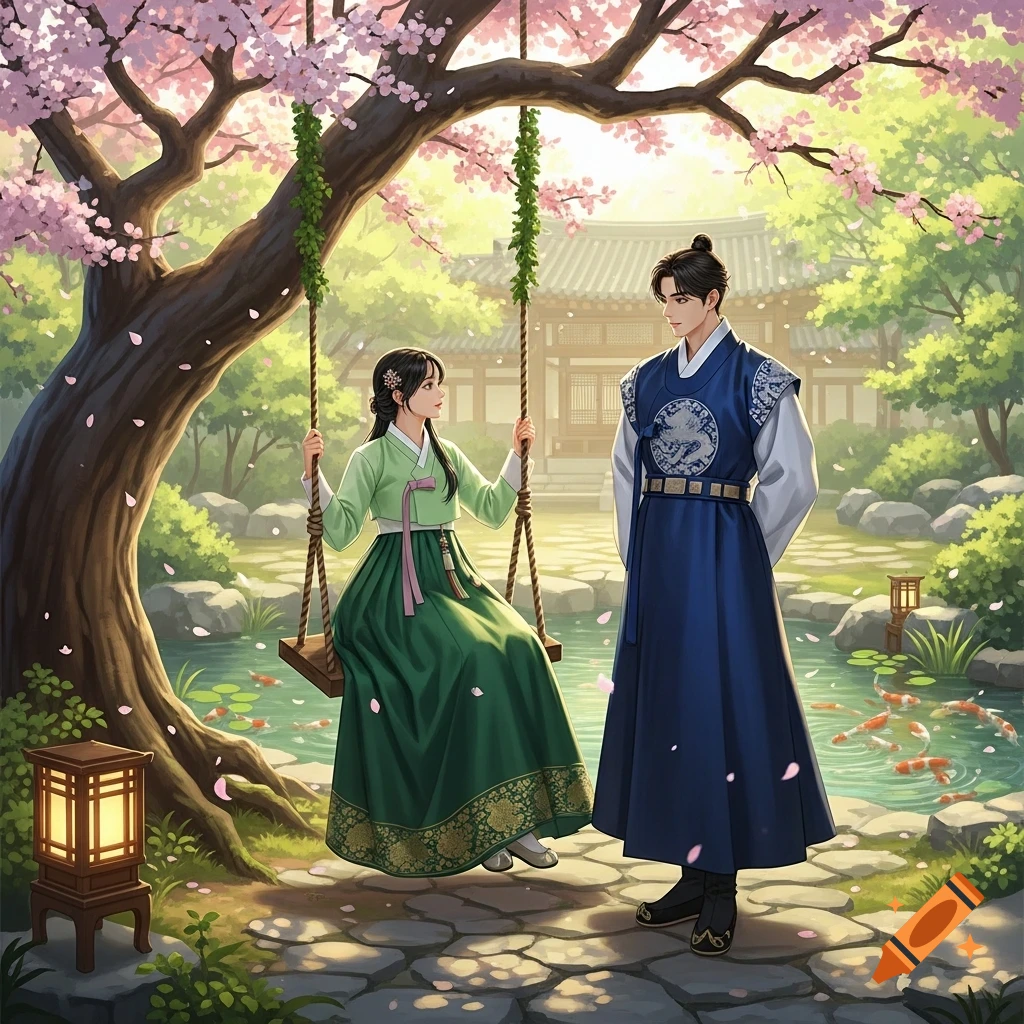 Illustration of a woman in hanbok on a swing under cherry blossoms, looking at a man in a traditional Korean garden.