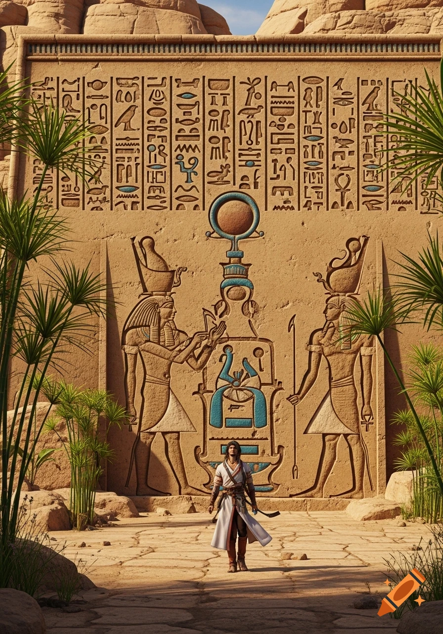 A person stands before an ancient Egyptian temple wall carved with hieroglyphs, surrounded by desert plants.