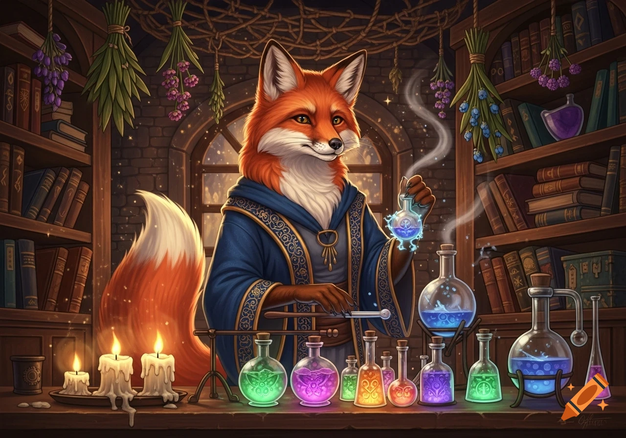 An anthropomorphic red fox alchemist mixes glowing potions in a cozy, book-lined magic lab.