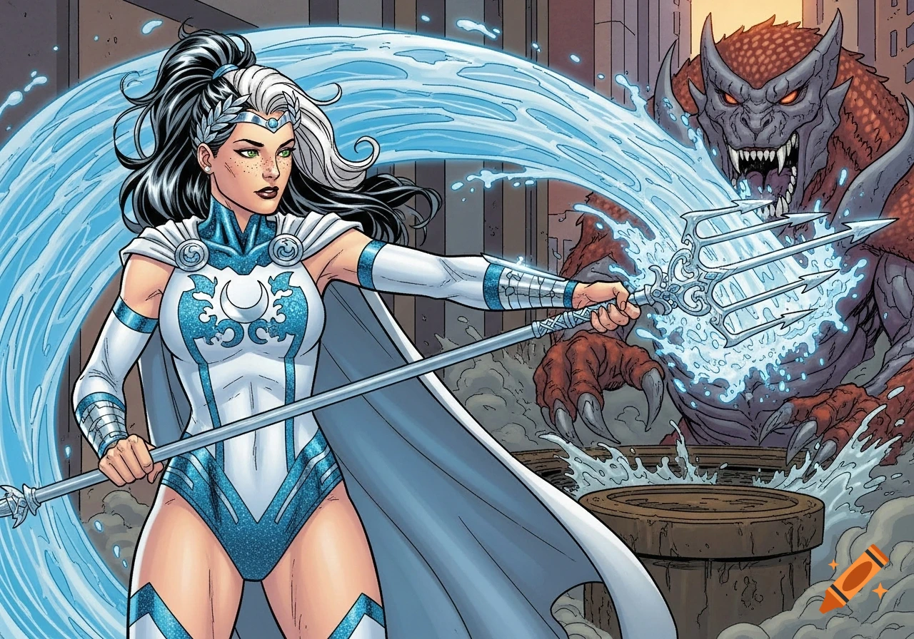Comic art of a female hero with a white and blue suit and cape, wielding a glowing trident to blast water at a red horned monster.