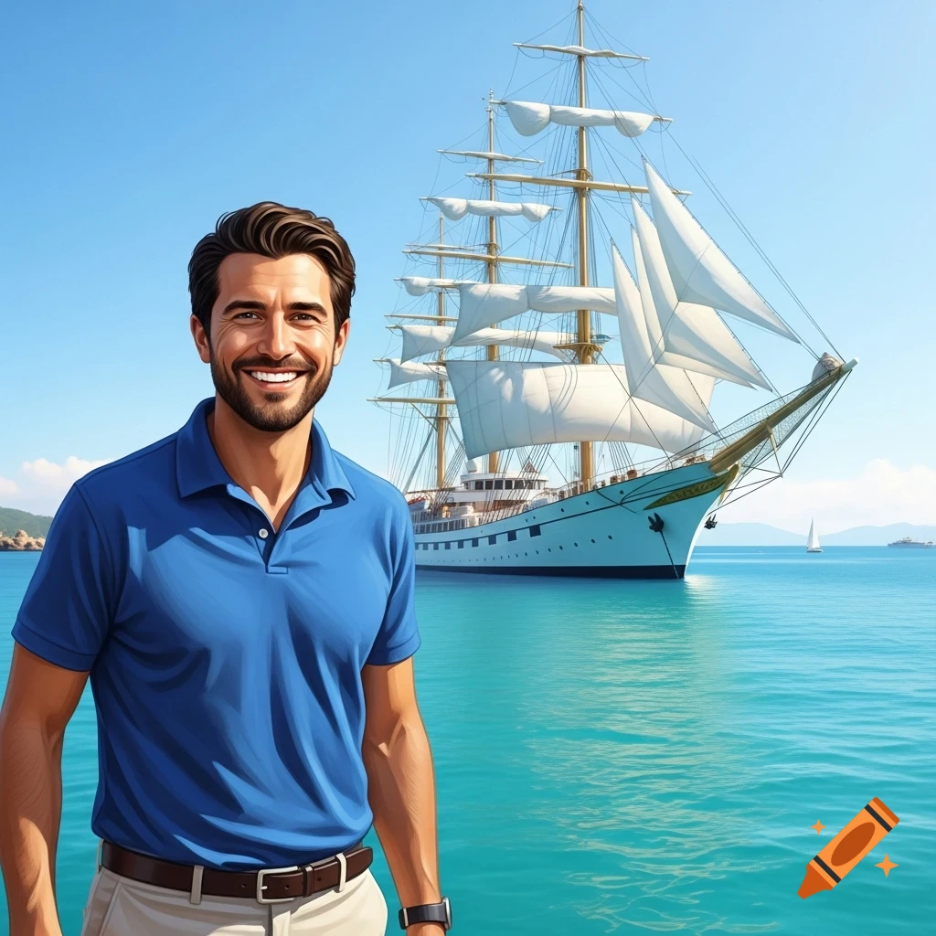 A smiling man in a blue polo shirt stands by turquoise water with a large white sailing ship in the background.