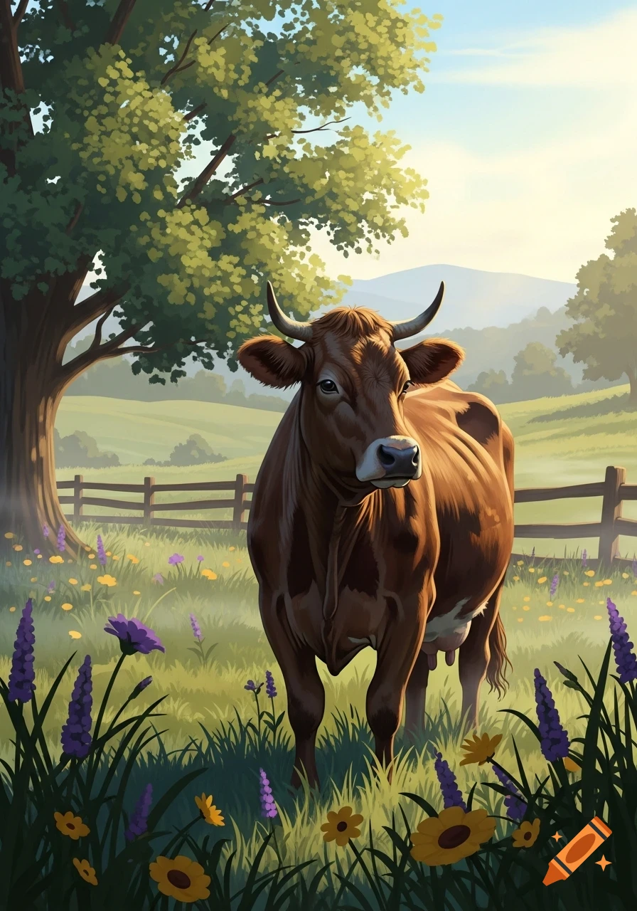 A brown cow with horns stands in a vibrant green field adorned with yellow and purple wildflowers, under a sunny sky.