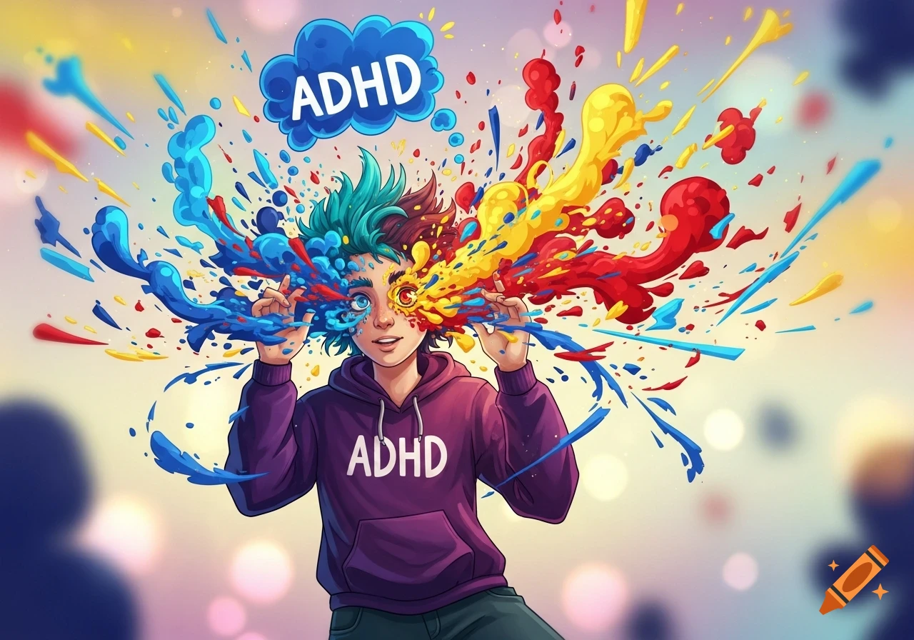 A vibrant illustration of a person with colorful paint exploding from their head, with 'ADHD' written in a thought bubble and on their hoodie.