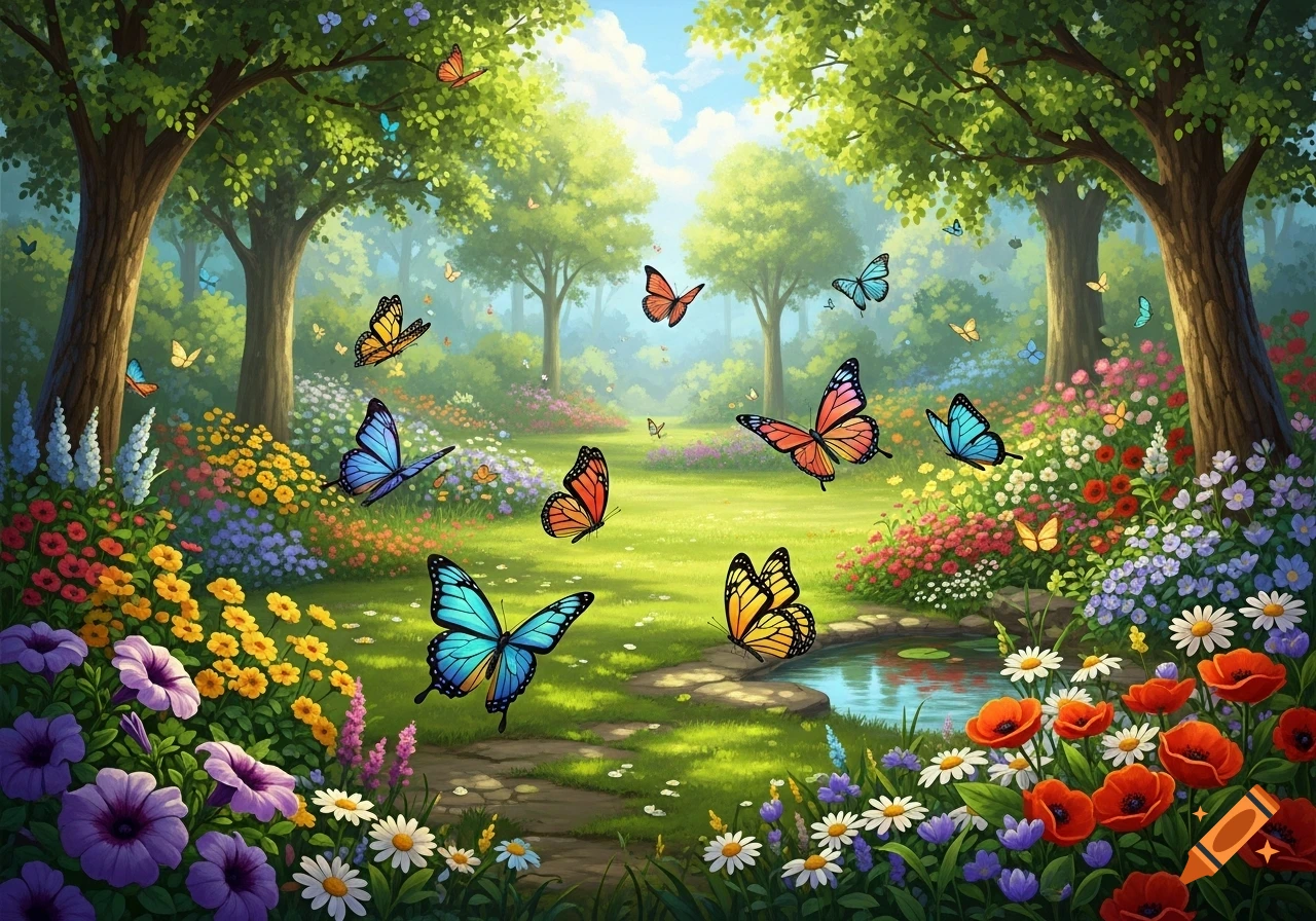 A vibrant garden scene filled with colorful butterflies flying among diverse flowers and lush green trees, with a small pond.