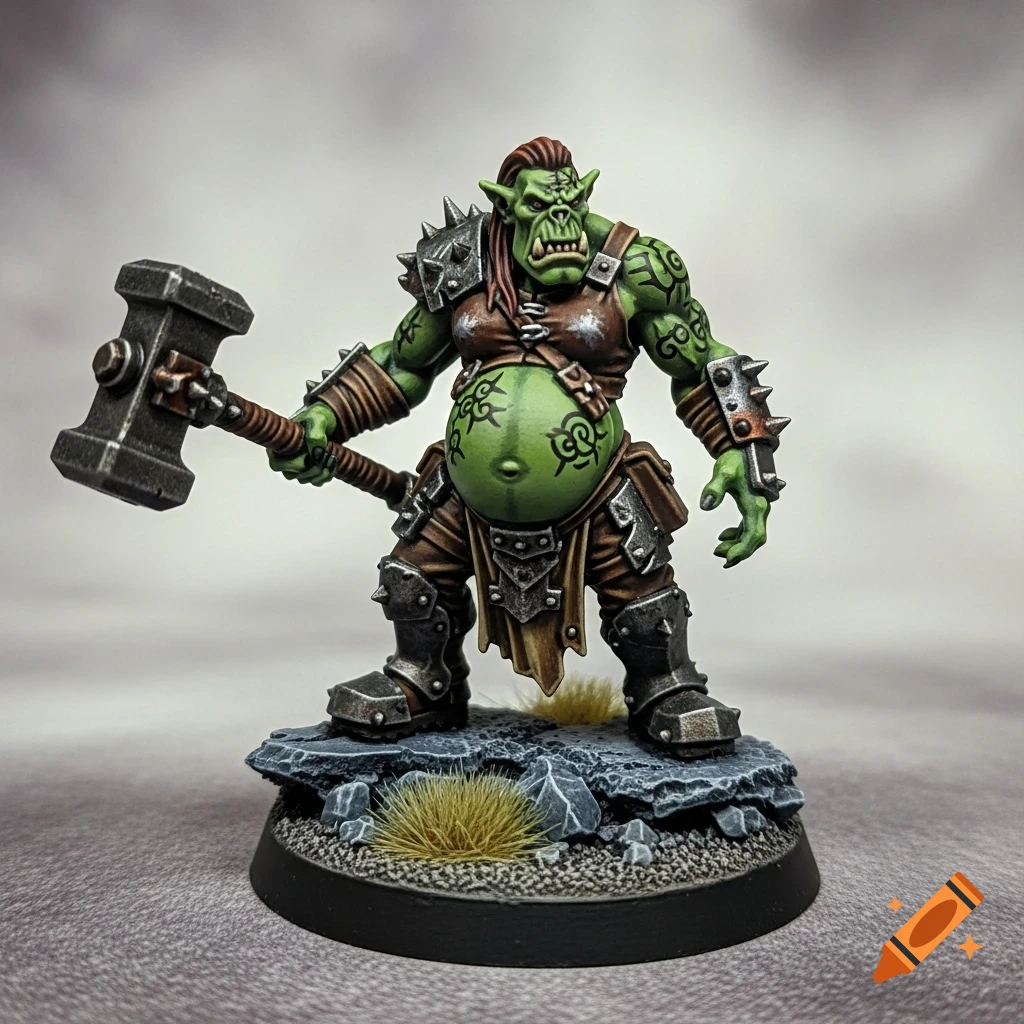 A detailed, painted miniature of a green pregnant orc with red hair, wearing armor, holding a hammer, on a rocky base.
