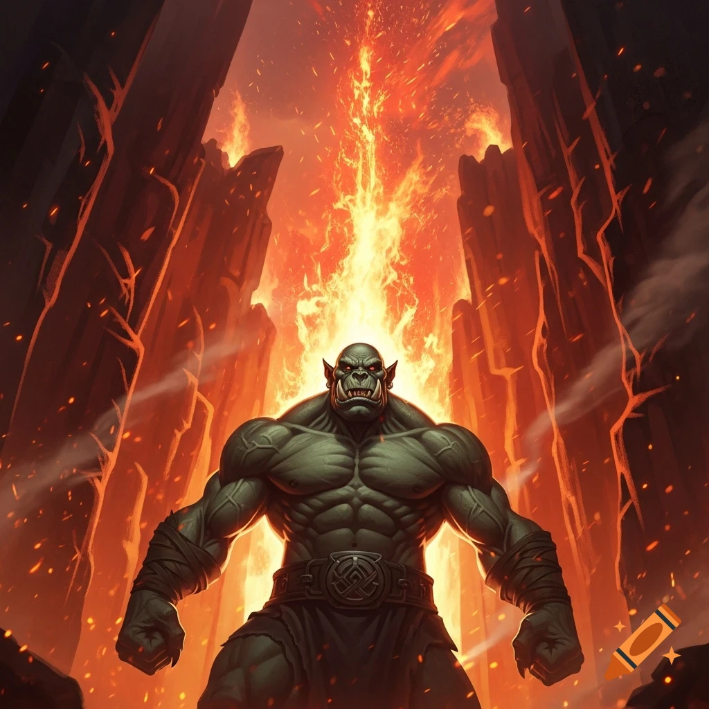 A muscular green orc with red eyes stands in a fiery canyon, with flames erupting behind him.