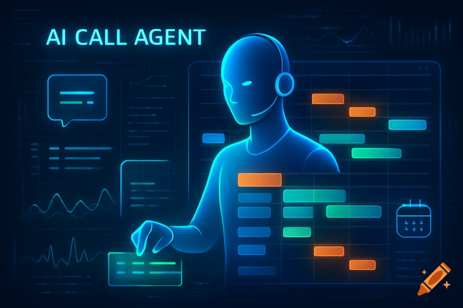 A glowing blue digital figure of an AI call agent with a headset interacts with a futuristic user interface showing data and calendar elements.