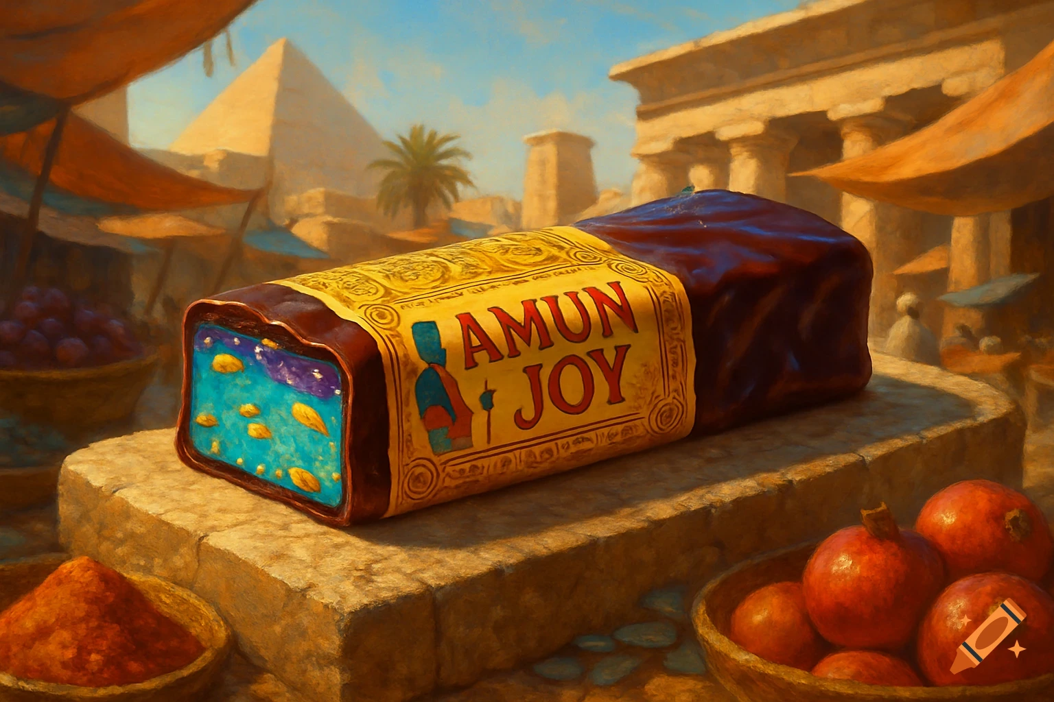 An oil painting of a large chocolate candy bar labeled "AMUN JOY" on stone in an ancient Egyptian market, with pyramids and palm trees.