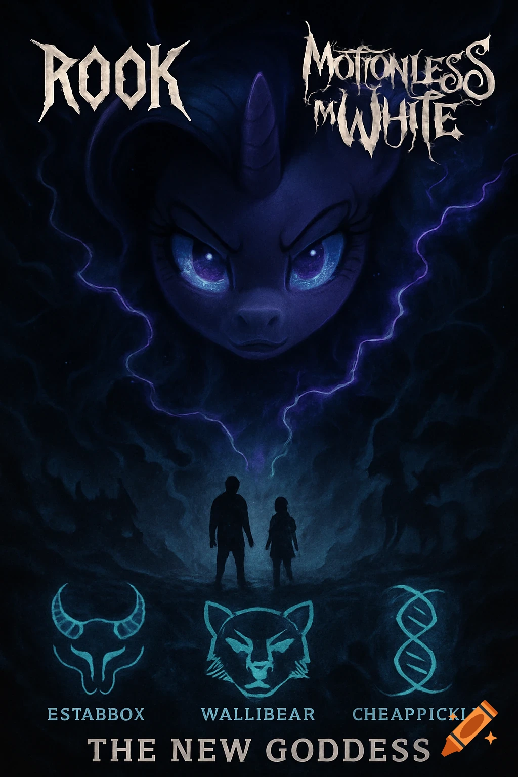 A dark album cover features a giant, menacing purple pony head with glowing eyes. Below are two silhouetted human figures and three symbolic logos with text. Text at the top reads "ROOK" and "Motionless In White," and at the bottom, "THE NEW GODDESS."