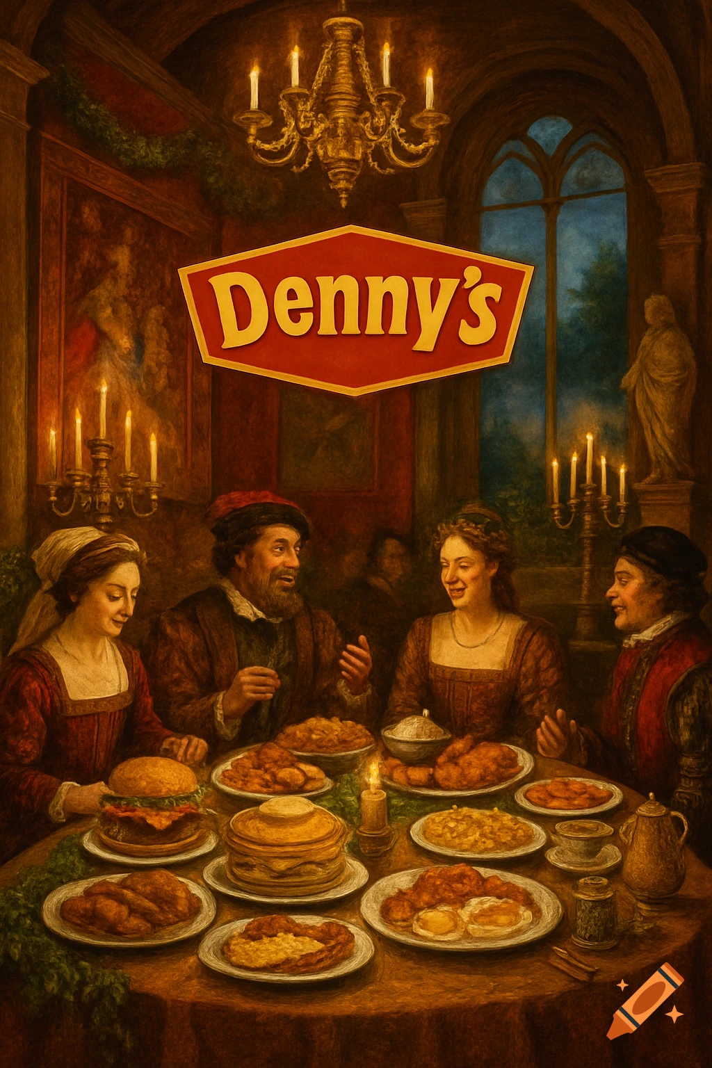 Renaissance painting of people dining at a candlelit table filled with food, under a prominent 'Denny's' sign.