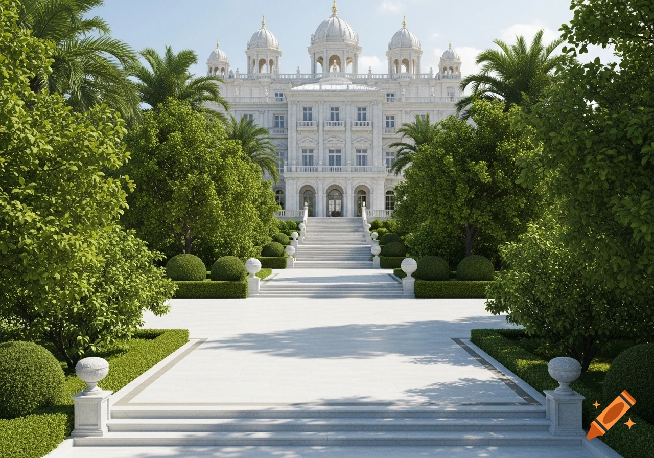 A grand, ornate white palace with multiple domes and a wide staircase, set amidst lush green gardens with manicured hedges and palm trees.