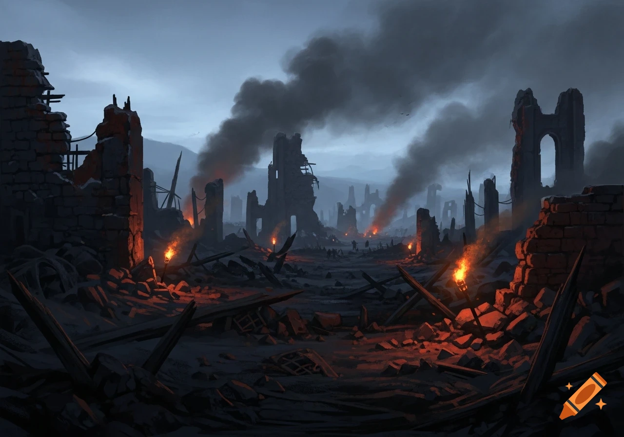 A dark, atmospheric digital painting of a war-torn city at dusk, with ruined buildings, glowing torches, and rising smoke.
