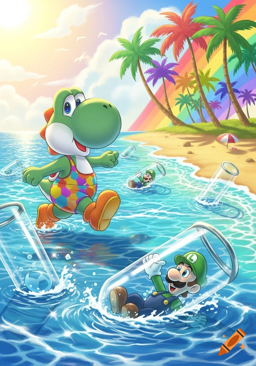 Yoshi in a swimsuit runs through ocean water, while Luigi floats inside glass tubes with colorful palm trees and a rainbow on the beach in the background.