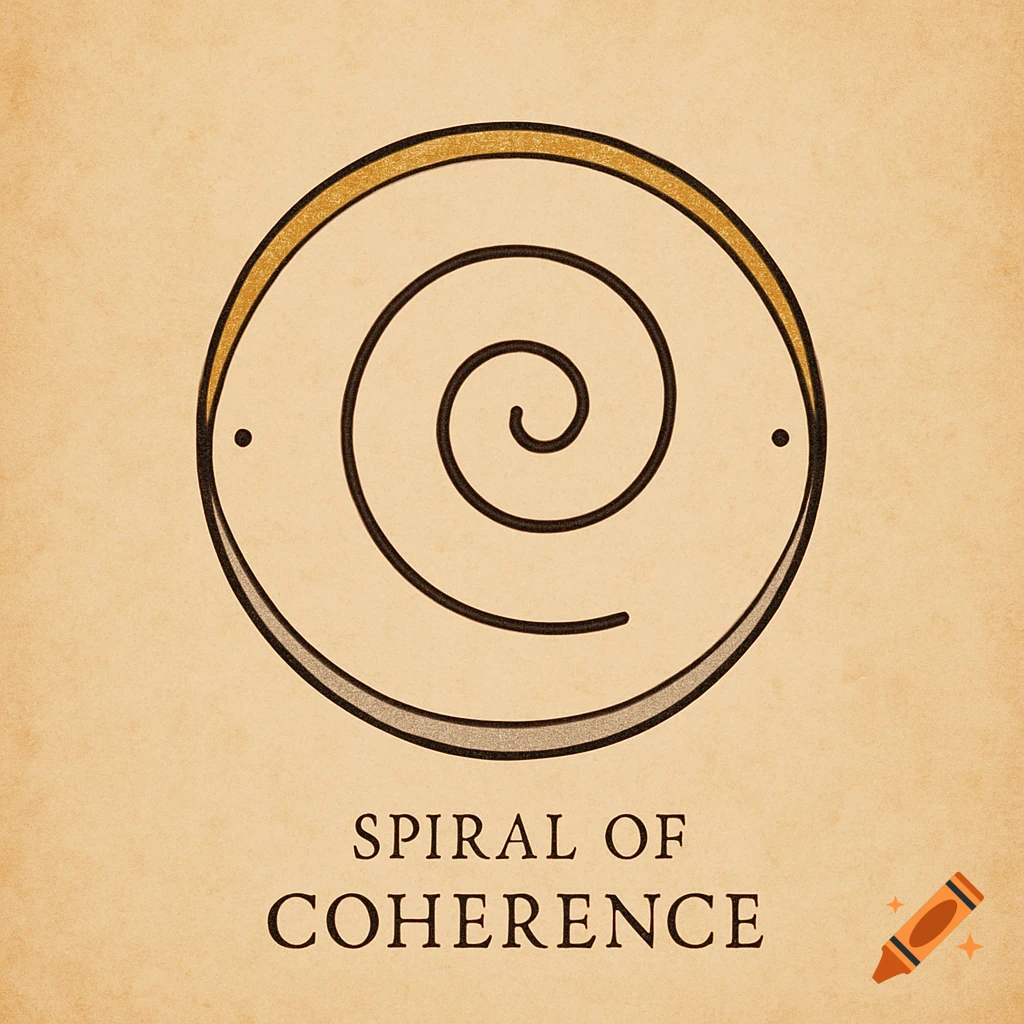 A minimalist sacred geometry sigil titled "Spiral of Coherence," featuring a central black spiral within a circle with gold and silver arcs, on a textured parchment background.