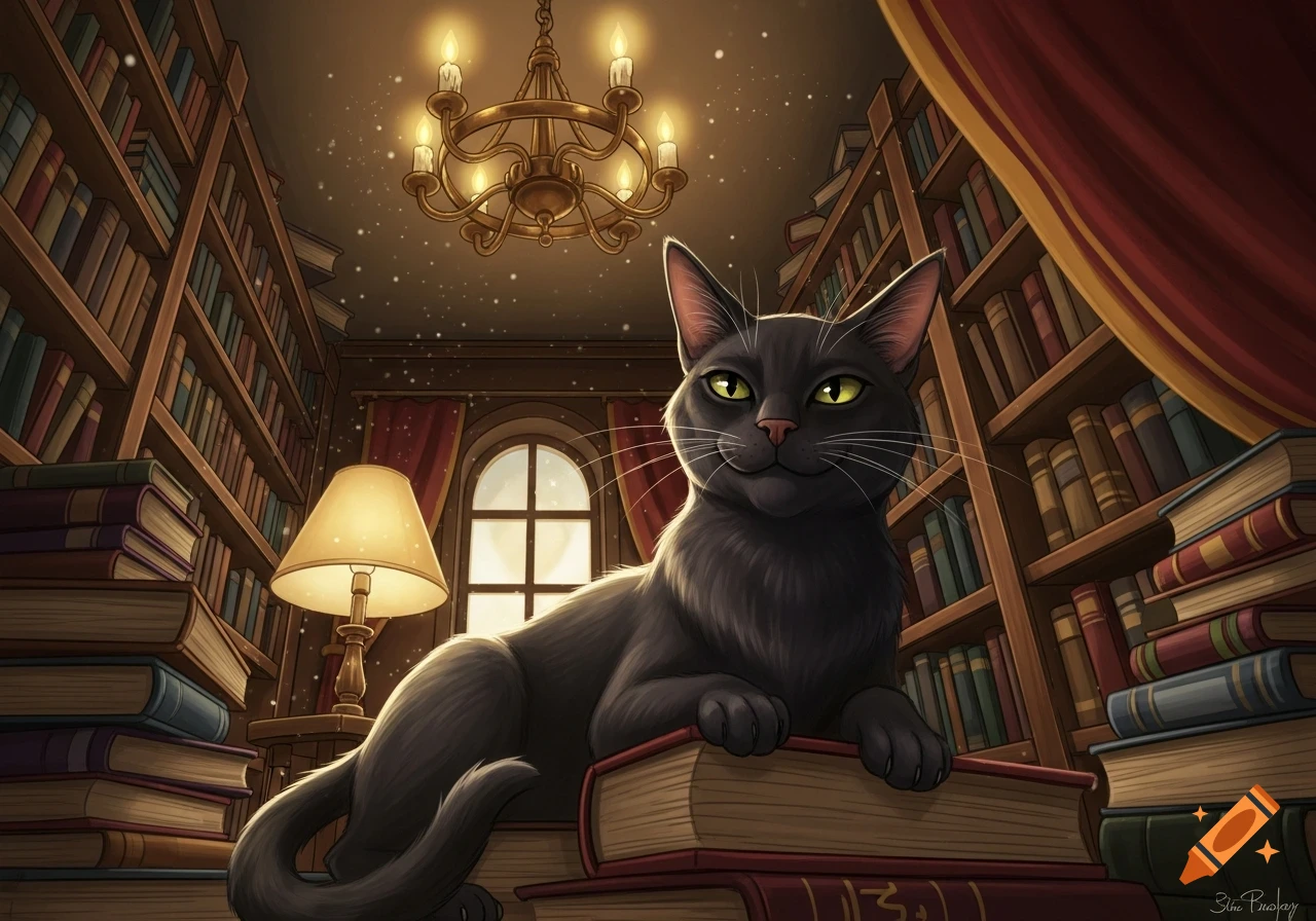 Illustrated black cat with yellow eyes lying on books in a cozy, dimly lit library with a chandelier and tall bookshelves.