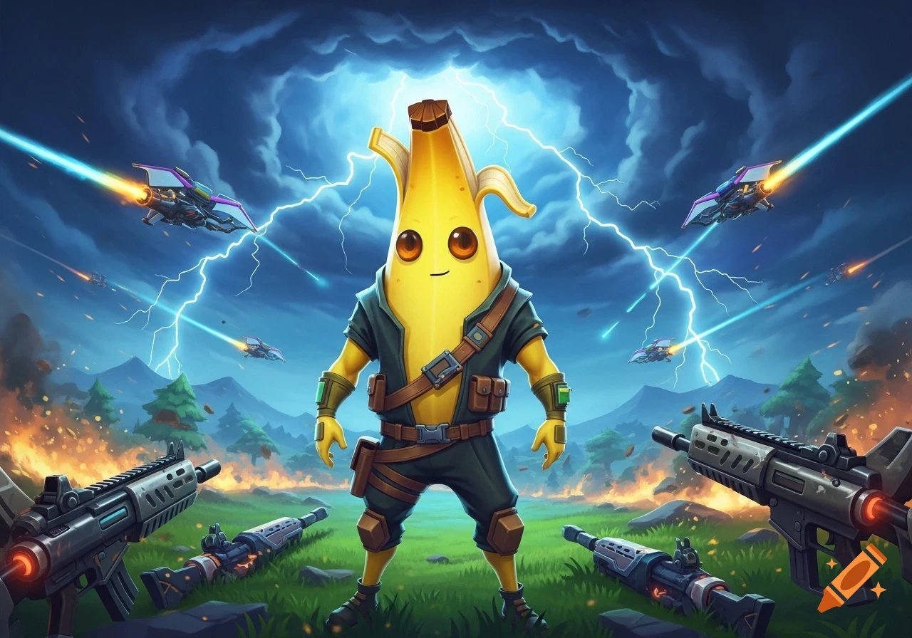 The Fortnite character Peely, a banana with a face, stands in a stormy, lightning-filled battleground with spaceships and assault rifles.