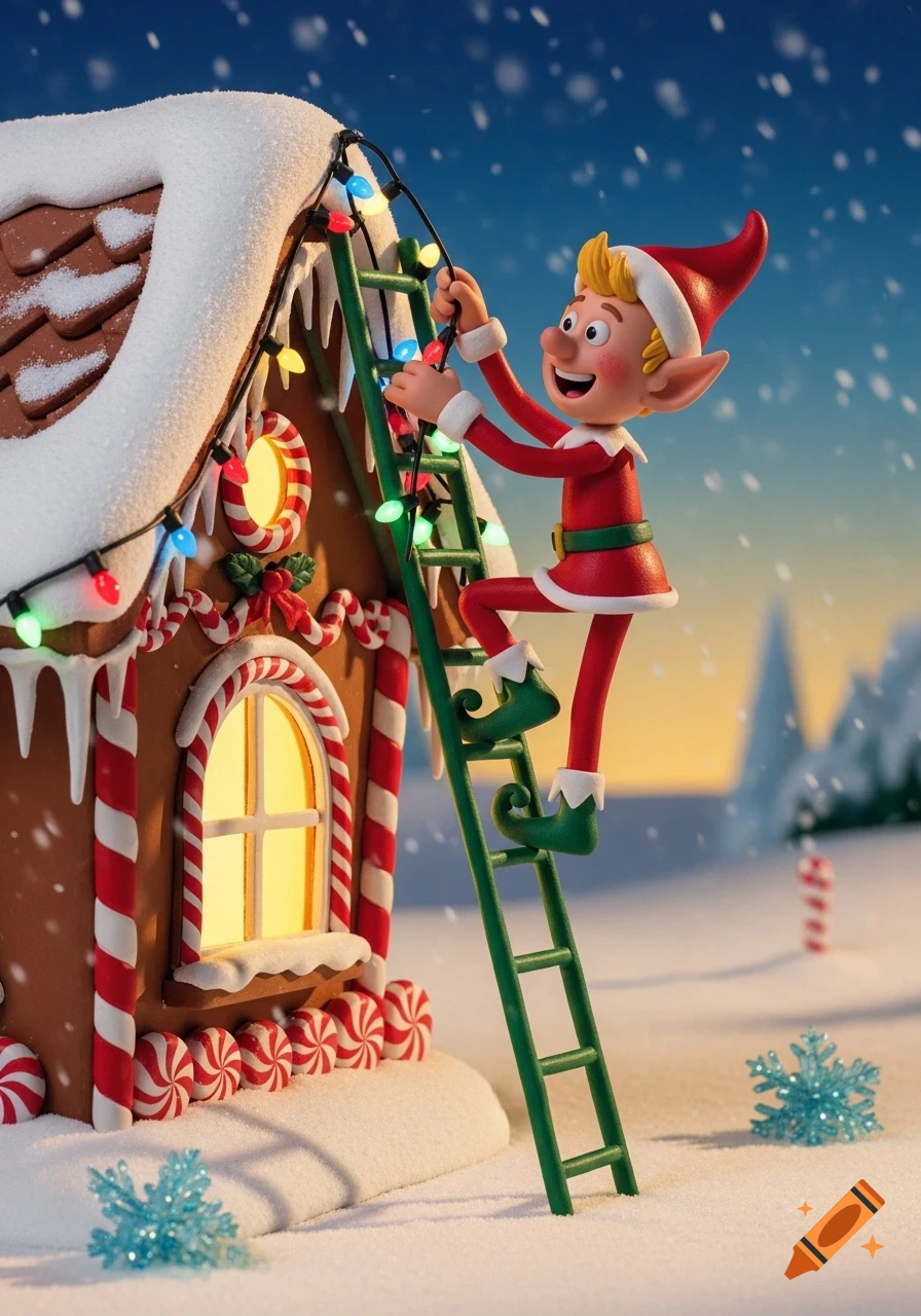 A claymation Christmas elf on a ladder, hanging colorful lights on a gingerbread house in a snowy landscape.