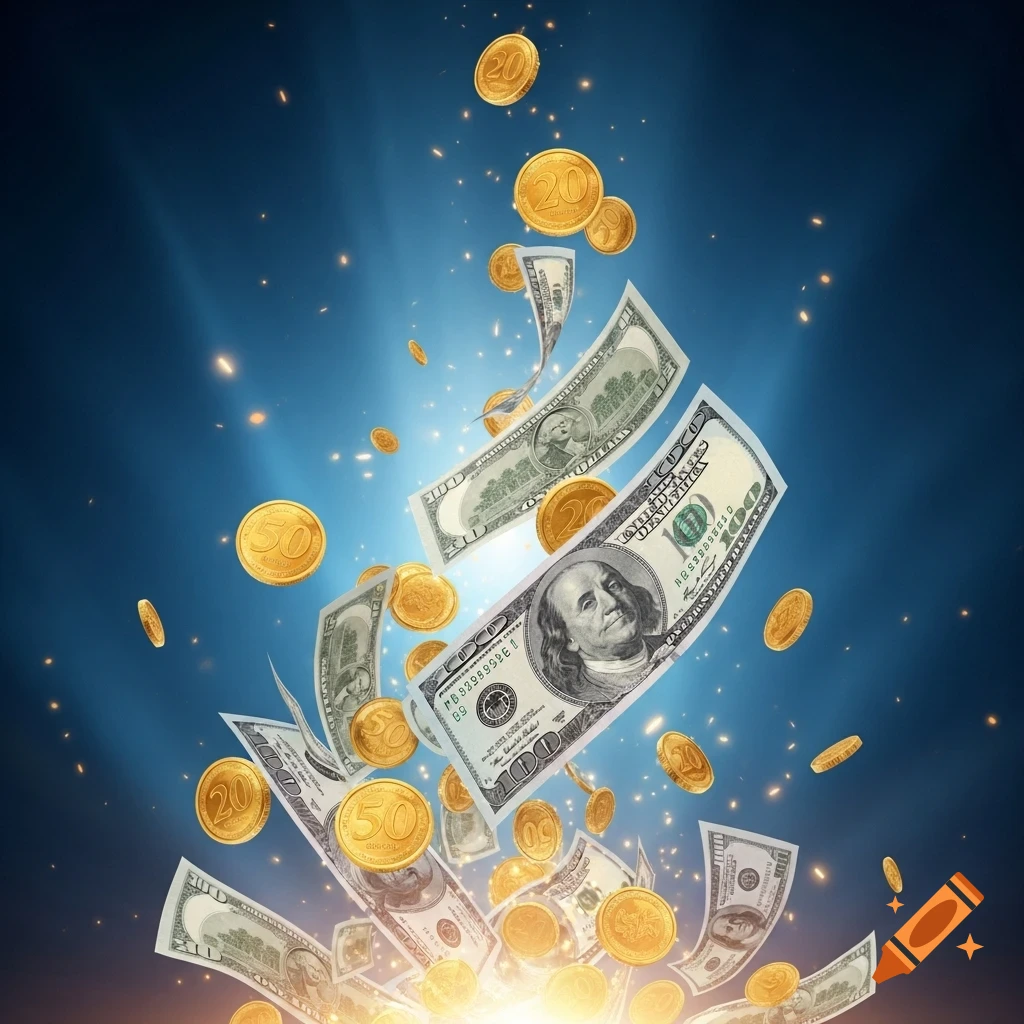 Falling dollar bills and golden coins against a bright blue background with light effects.
