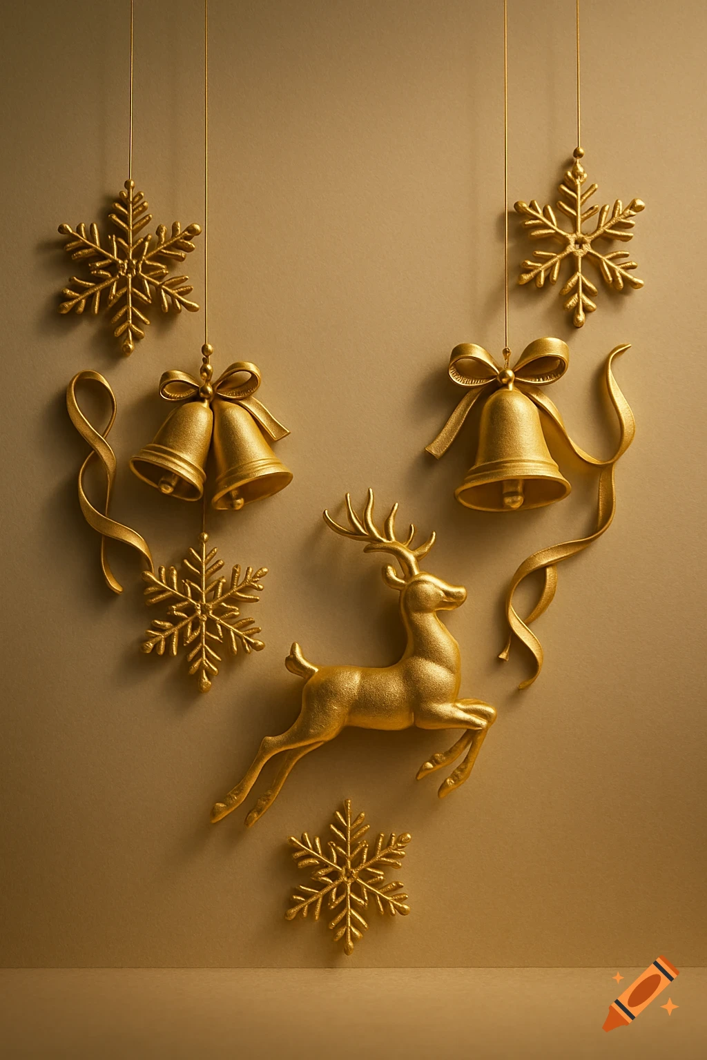 Gold Christmas ornaments, including a running reindeer, bells, snowflakes, and ribbons, on a beige background.