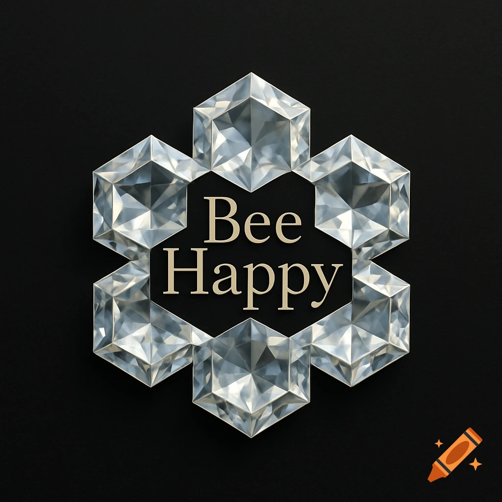 A geometric logo with "Bee Happy" text surrounded by clear hexagonal diamonds in a honeycomb pattern on a black background.