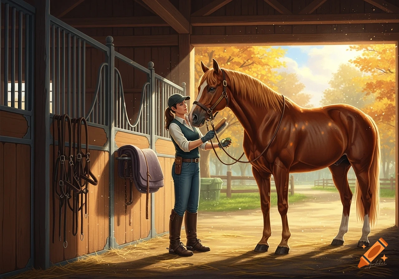 A woman in a stable grooming a brown horse bathed in golden light, with autumn trees in the background.