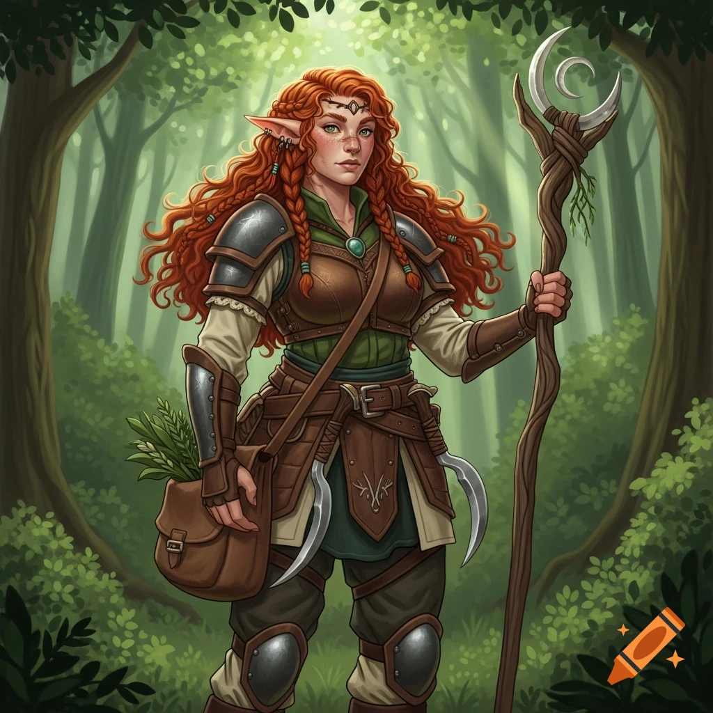 A red-haired female elf druid with braided hair, wearing leather armor and carrying a staff with a crescent moon top and a satchel in a deep forest.