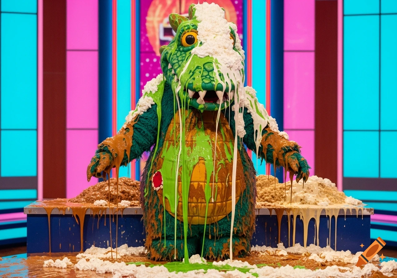 A green crocodile costume on a game show set, heavily covered in white whipped cream, green slime, and brown mud from a forfeit.