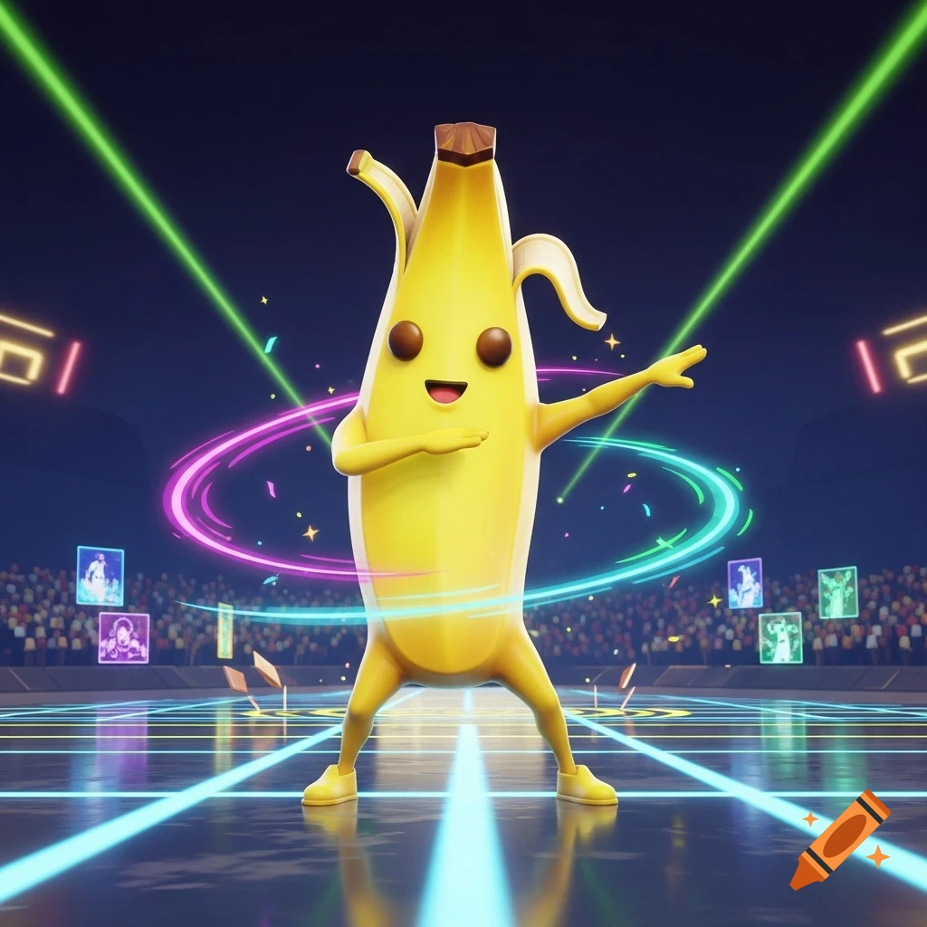 A happy, cartoon banana character performs a dance in a vibrant, neon-lit arena with a crowd in the background.