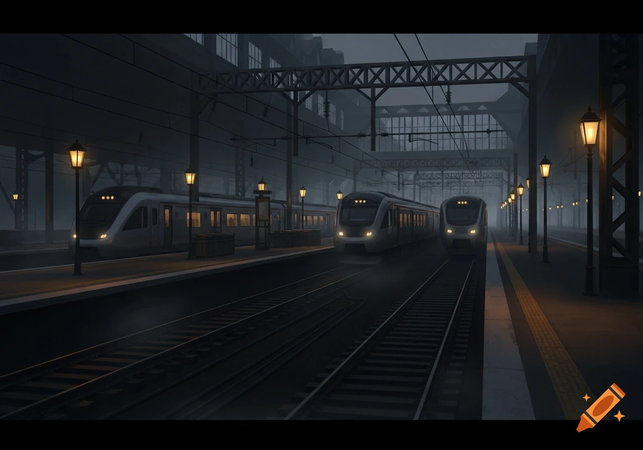 A dark, foggy train station at night, with two modern trains on tracks and glowing lanterns lining the platforms.
