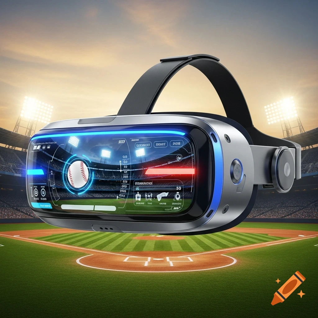 A sleek VR headset with blue lights displays a baseball game interface, hovering above a green baseball field in a brightly lit stadium at dusk.
