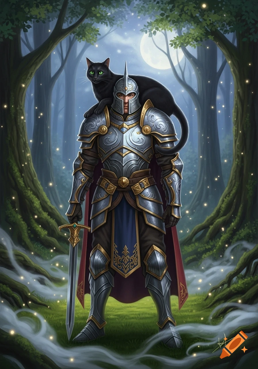 A knight in ornate silver and gold armor stands in a magical forest at night, a black cat with glowing green eyes on his shoulder.