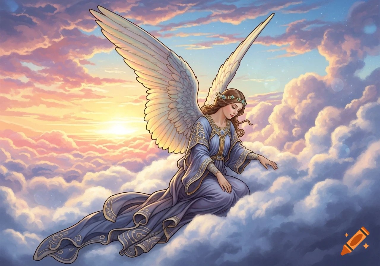 A detailed illustration of an angel with large wings, wearing a blue and gold gown, sitting peacefully on a cloud at sunset.