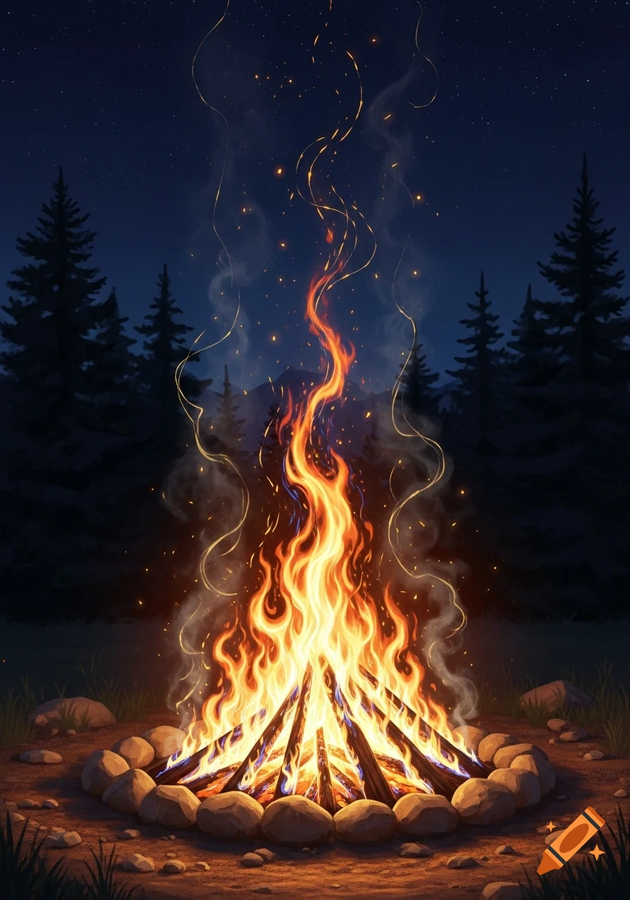 A vibrant campfire with orange and yellow flames and sparks, surrounded by stones in a dark forest under a starry night sky.