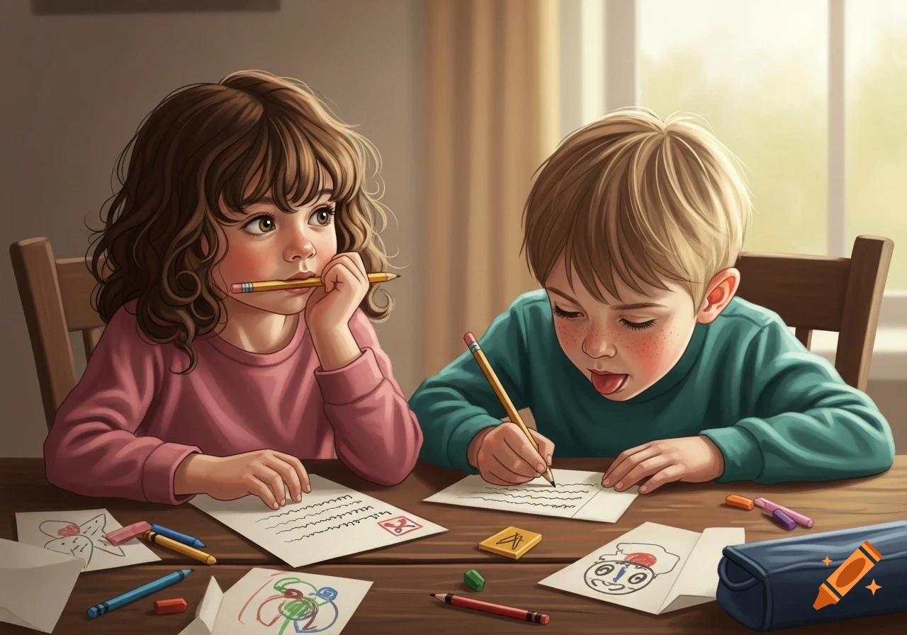 Two young children, a girl and a boy, sit at a wooden table drawing and writing. The girl holds a pencil to her mouth, thinking, while the boy writes with his tongue slightly out.
