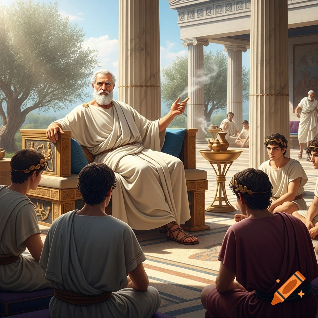 An old man in a toga speaks to younger men seated on the ground in an ancient Greek temple setting.