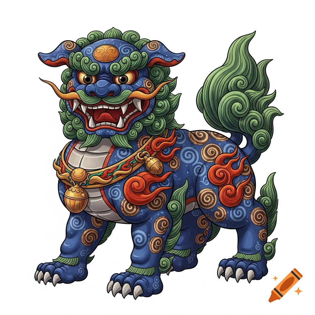 Vibrant illustration of an Okinawan Shisa, a mythical blue guardian lion-dog with green fur, orange flames, and gold bells.