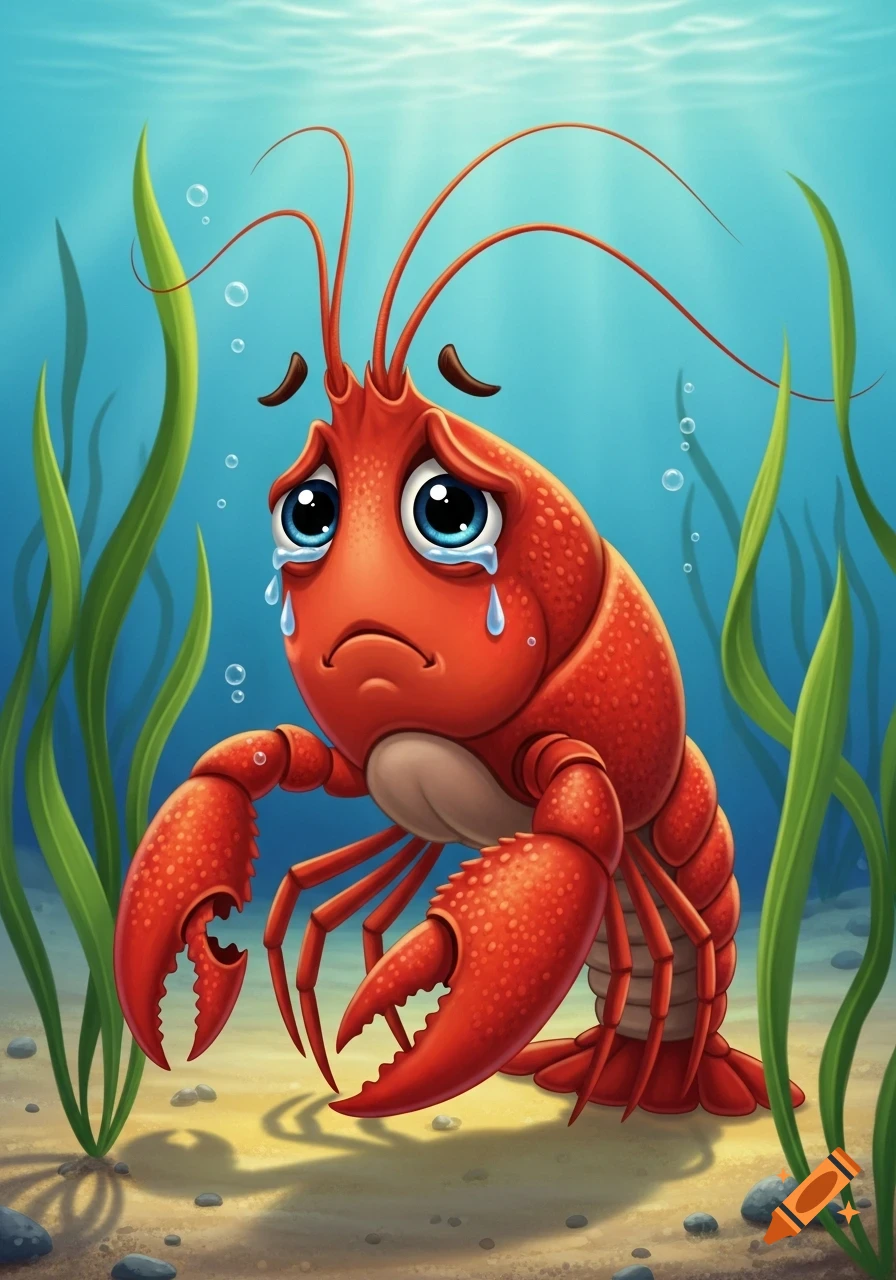 A sad cartoon red crayfish with large blue eyes cries underwater, surrounded by green seaweed and bubbles.