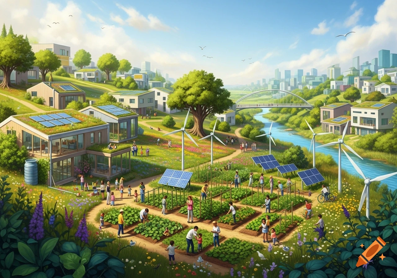 A vibrant illustration of a sustainable community with people gardening, modern eco-houses with solar panels, wind turbines, a river, and a distant city.