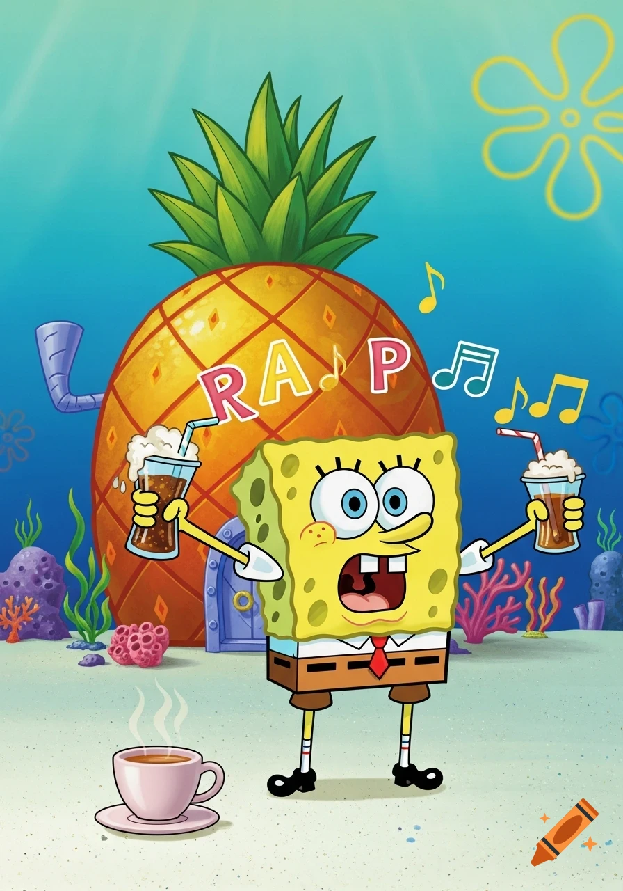 Spongebob Squarepants stands in front of his pineapple house, holding two sodas, with "RAP" and musical notes floating around him. A cup of tea is on the sand.