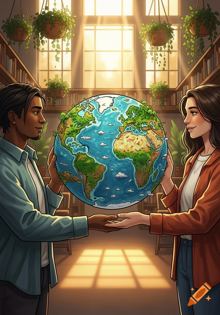Illustrated image of a man and a woman holding a large, verdant globe in a sunlit room with bookshelves and plants.
