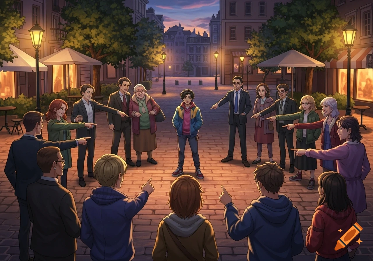 Illustration of a diverse group of adults in a city square pointing at a central young person in a colorful jacket at dusk.