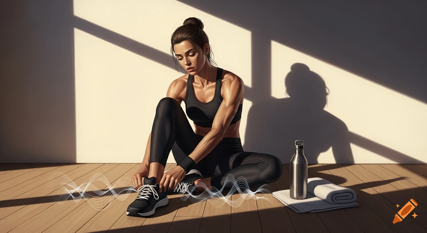Stylized illustration of an athletic woman in sportswear sitting on a wooden floor, adjusting her sneaker, with a water bottle and towel nearby.